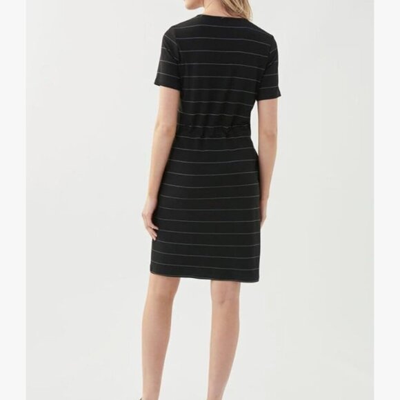 Joseph Ribkoff Women's Size 8 Black/Vanilla Stripe V Neck Tie Waist Midi Dress - Picture 4 of 14